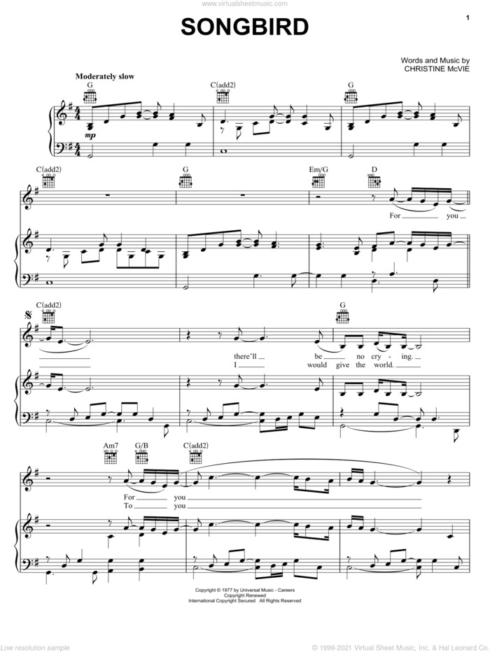 Songbird sheet music for voice, piano or guitar by Eva Cassidy, Christine McVie and Fleetwood Mac, intermediate skill level