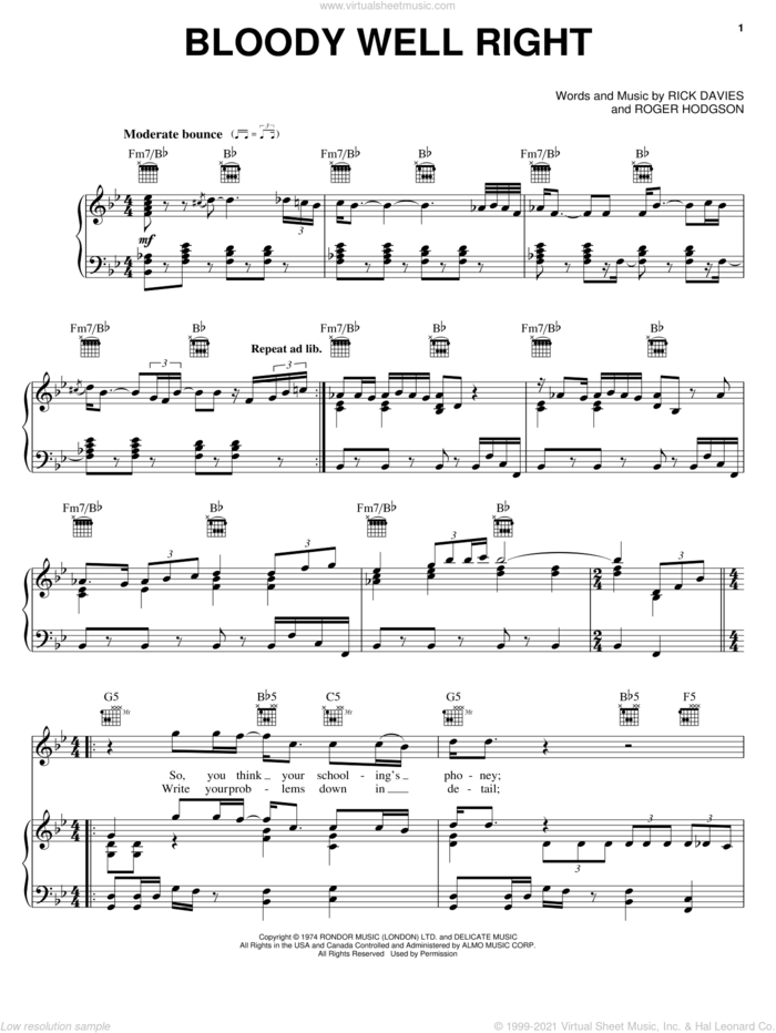 Bloody Well Right sheet music for voice, piano or guitar by Supertramp, Rick Davies and Roger Hodgson, intermediate skill level