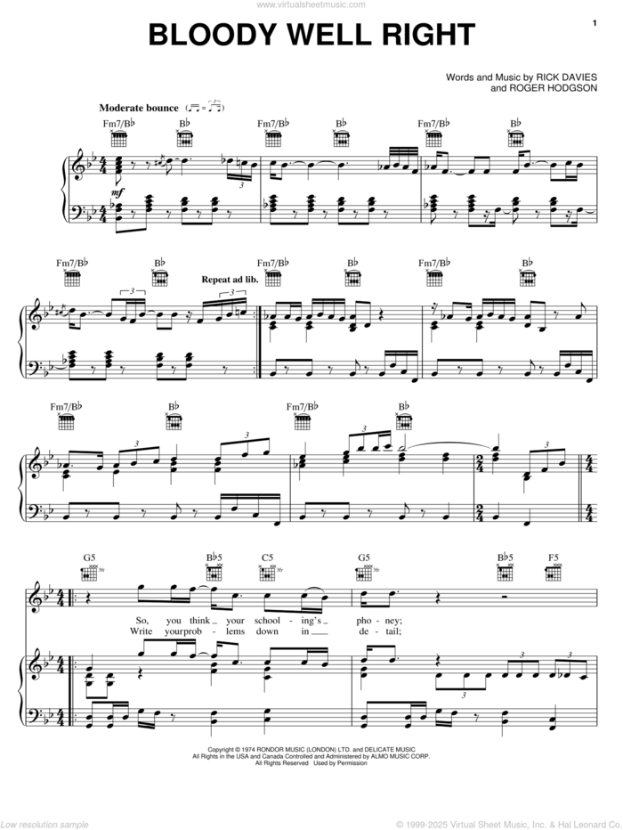 Bloody Well Right sheet music for voice, piano or guitar by Supertramp, Rick Davies and Roger Hodgson, intermediate skill level