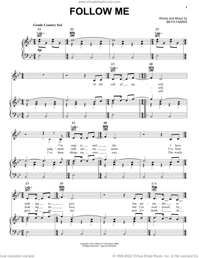Follow Me sheet music for voice, piano or guitar by Casting Crowns and Beth Farris, intermediate skill level