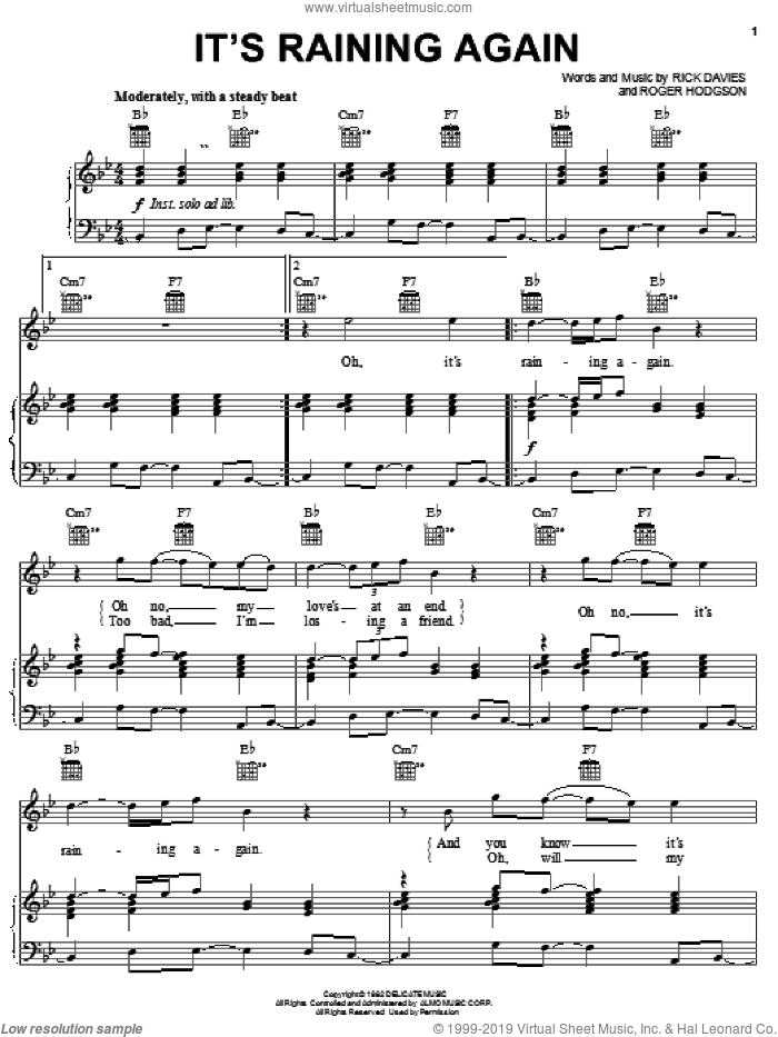 It's Raining Again sheet music for voice, piano or guitar by Supertramp, Rick Davies and Roger Hodgson, intermediate skill level