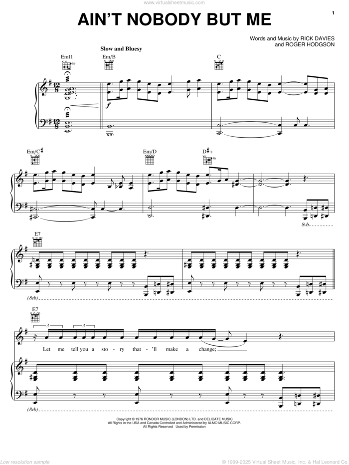 Ain't Nobody But Me sheet music for voice, piano or guitar by Supertramp, Rick Davies and Roger Hodgson, intermediate skill level