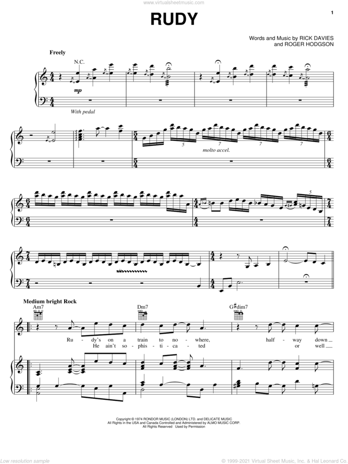 Rudy sheet music for voice, piano or guitar by Supertramp, Rick Davies and Roger Hodgson, intermediate skill level