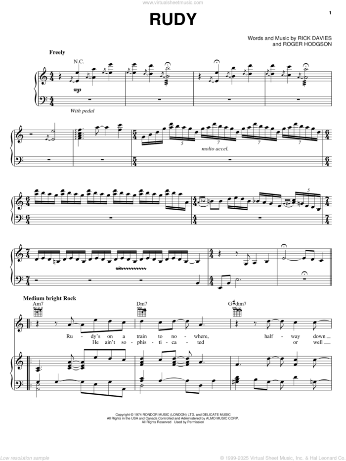 Rudy sheet music for voice, piano or guitar by Supertramp, Rick Davies and Roger Hodgson, intermediate skill level