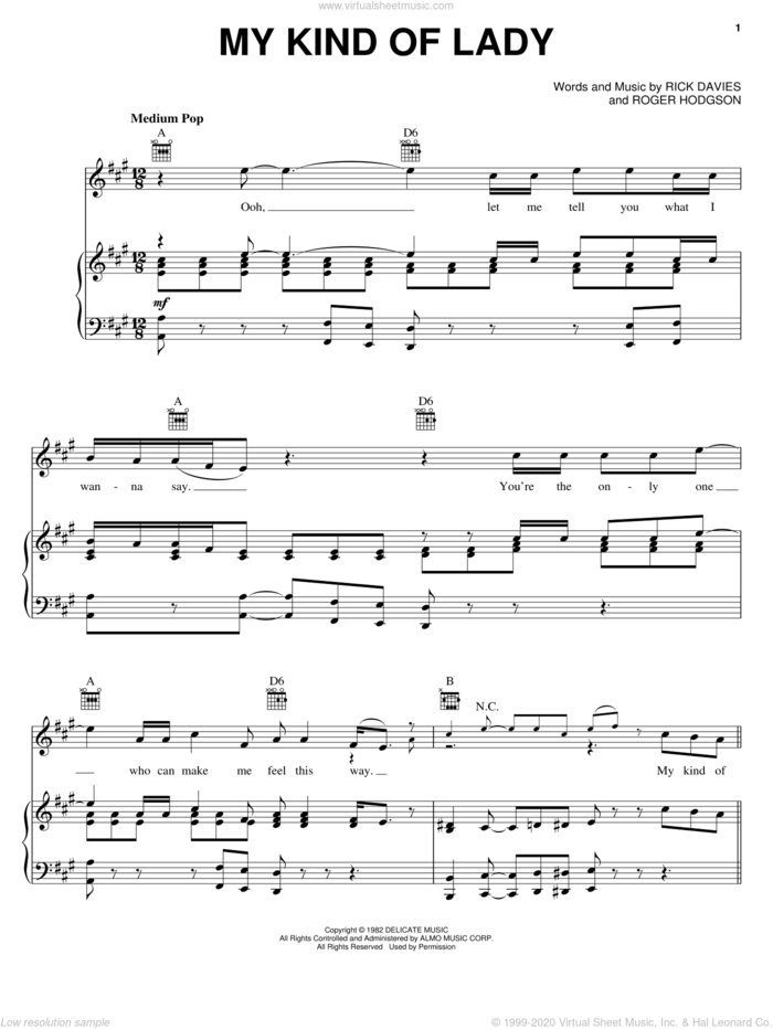 My Kind Of Lady sheet music for voice, piano or guitar by Supertramp, Rick Davies and Roger Hodgson, intermediate skill level