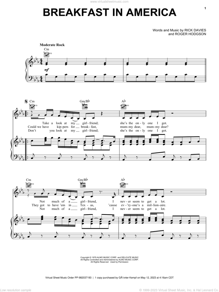 Breakfast In America sheet music for voice, piano or guitar by Supertramp, Rick Davies and Roger Hodgson, intermediate skill level