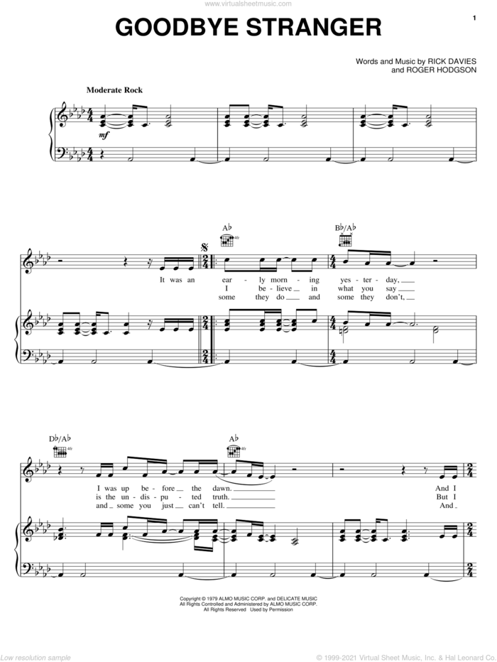 Goodbye Stranger sheet music for voice, piano or guitar by Supertramp, Rick Davies and Roger Hodgson, intermediate skill level