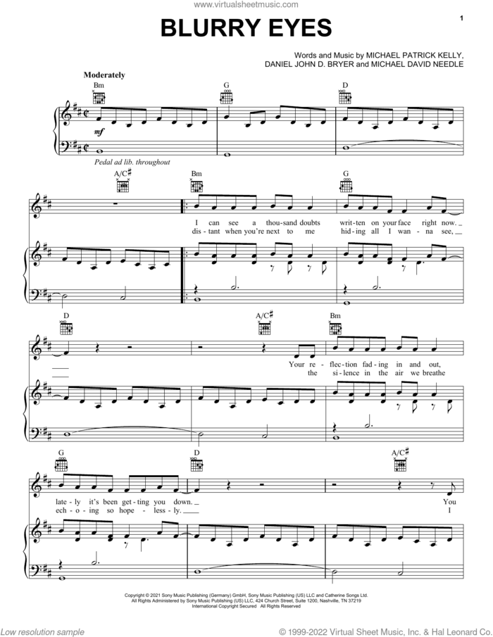 Blurry Eyes sheet music for voice, piano or guitar by Michael Patrick Kelly, Daniel John D. Bryer and Michael David Needle, intermediate skill level