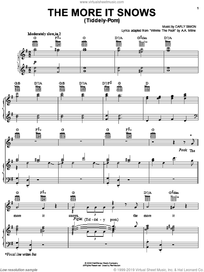The More It Snows (Tiddely-Pom) sheet music for voice, piano or guitar by A.A. Milne and Carly Simon, intermediate skill level