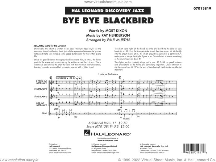 Bye Bye Blackbird (arr. Paul Murtha) (COMPLETE) sheet music for jazz band by Paul Murtha, Mort Dixon and Ray Henderson, intermediate skill level