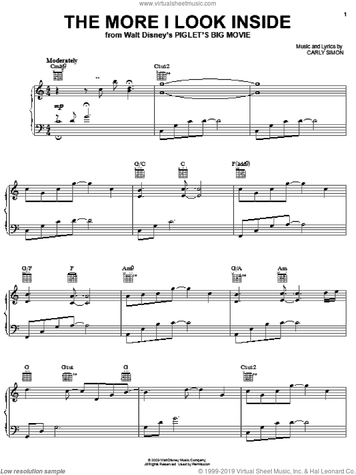 The More I Look Inside sheet music for voice, piano or guitar by Carly Simon, intermediate skill level