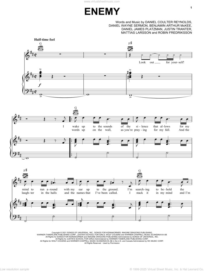 Enemy (from the series Arcane League of Legends) sheet music for voice, piano or guitar by Imagine Dragons & JID, Ben McKee, Dan Reynolds, Daniel Platzman, Justin Tranter, Mattias Larsson, Robin Fredriksson and Wayne Sermon, intermediate skill level