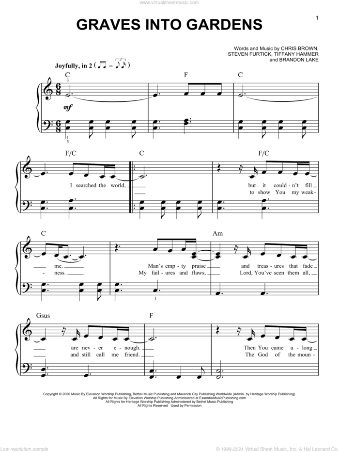 Graves Into Gardens sheet music for piano solo by Elevation Worship, Brandon Lake, Chris Brown, Steven Furtick and Tiffany Hammer, easy skill level