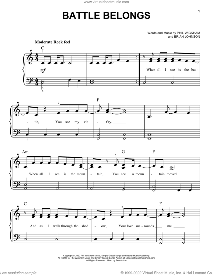Battle Belongs sheet music for piano solo by Phil Wickham and Brian Johnson, easy skill level