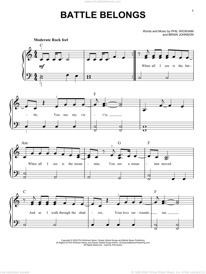 Battle Belongs sheet music for piano solo by Phil Wickham and Brian Johnson, easy skill level