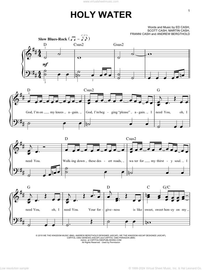 Holy Water sheet music for piano solo by We The Kingdom, Andrew Bergthold, Ed Cash, Franni Cash, Martin Cash and Scott Cash, easy skill level