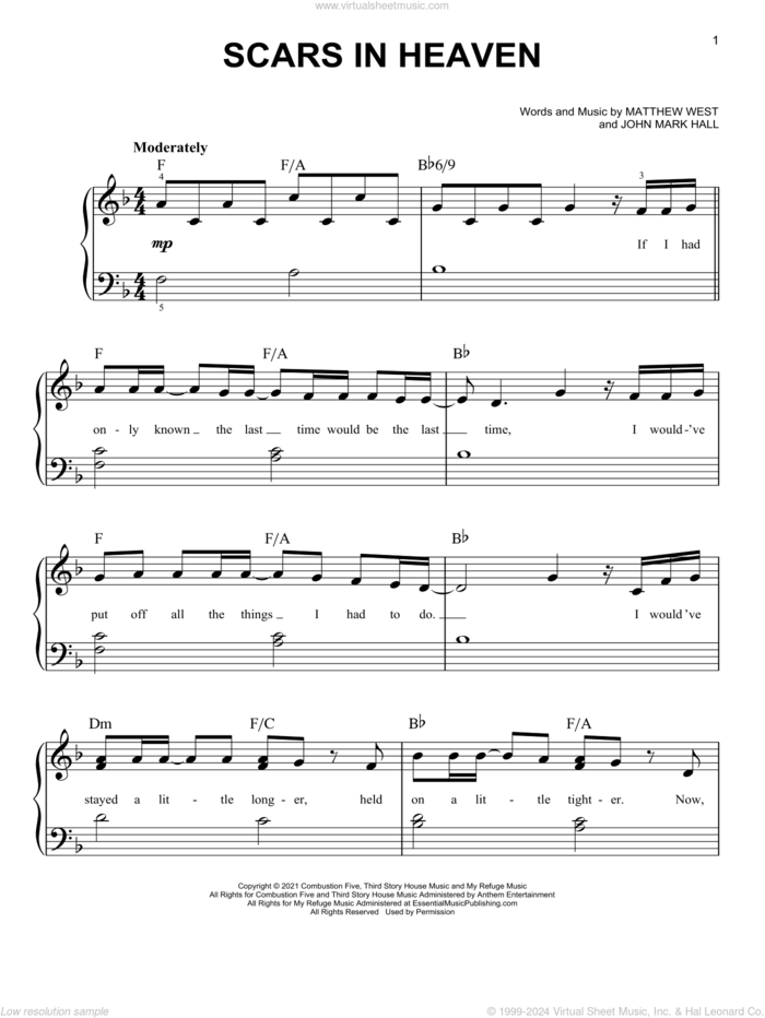 Scars In Heaven sheet music for piano solo by Casting Crowns, John Mark Hall and Matthew West, easy skill level