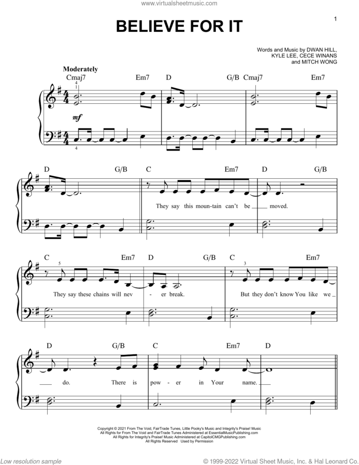 Believe For It sheet music for piano solo by CeCe Winans, Dwan Hill, Kyle Lee and Mitch Wong, easy skill level