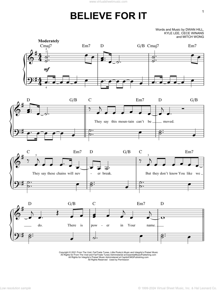 Believe For It sheet music for piano solo by CeCe Winans, Dwan Hill, Kyle Lee and Mitch Wong, easy skill level