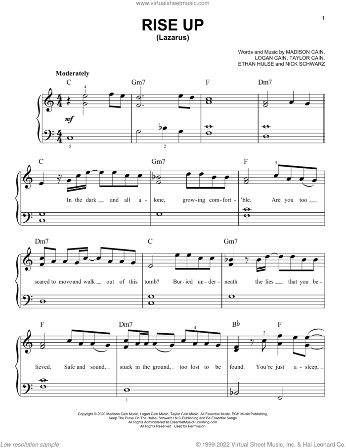 Rise Up (Lazarus) sheet music for piano solo by CAIN, Ethan Hulse, Logan Cain, Madison Cain, Nick Schwarz and Taylor Cain, easy skill level