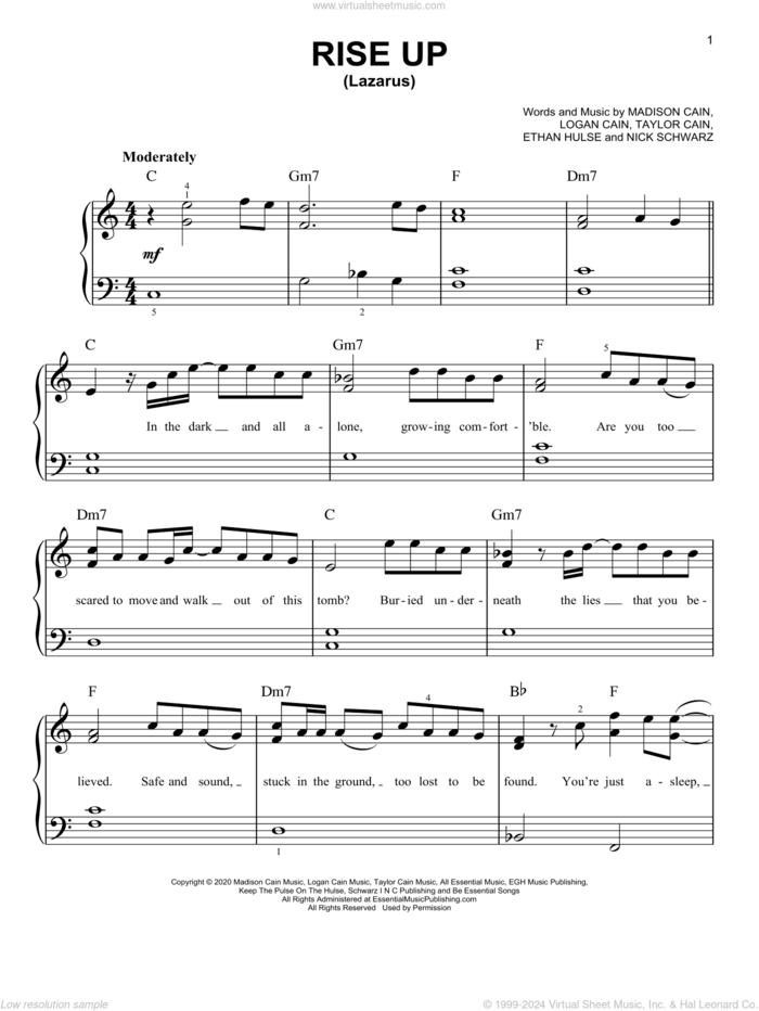 Rise Up (Lazarus) sheet music for piano solo by CAIN, Ethan Hulse, Logan Cain, Madison Cain, Nick Schwarz and Taylor Cain, easy skill level