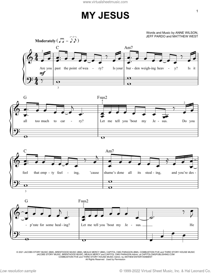 My Jesus sheet music for piano solo by Anne Wilson, Jeff Pardo and Matthew West, easy skill level
