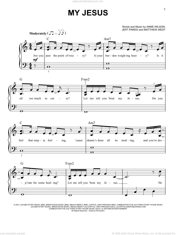 My Jesus sheet music for piano solo by Anne Wilson, Jeff Pardo and Matthew West, easy skill level