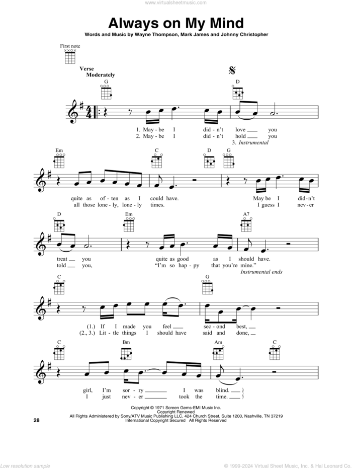 Always On My Mind sheet music for baritone ukulele solo by Elvis Presley, Willie Nelson, Johnny Christopher, Mark James and Wayne Thompson, intermediate skill level