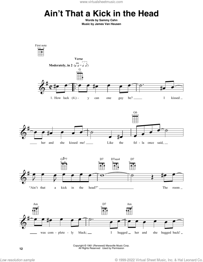 Ain't That A Kick In The Head sheet music for baritone ukulele solo by Dean Martin, Jimmy van Heusen and Sammy Cahn, intermediate skill level