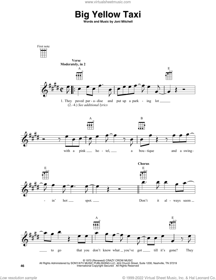 Big Yellow Taxi sheet music for baritone ukulele solo by Joni Mitchell, intermediate skill level