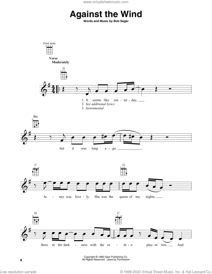Against The Wind sheet music for baritone ukulele solo by Bob Seger & The Silver Bullet Band and Bob Seger, intermediate skill level