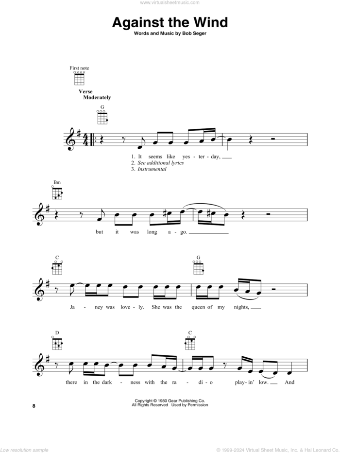 Against The Wind sheet music for baritone ukulele solo by Bob Seger & The Silver Bullet Band and Bob Seger, intermediate skill level