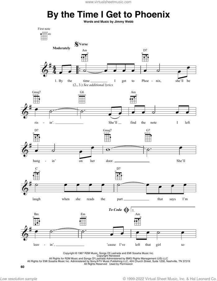 By The Time I Get To Phoenix sheet music for baritone ukulele solo by Glen Campbell and Jimmy Webb, intermediate skill level