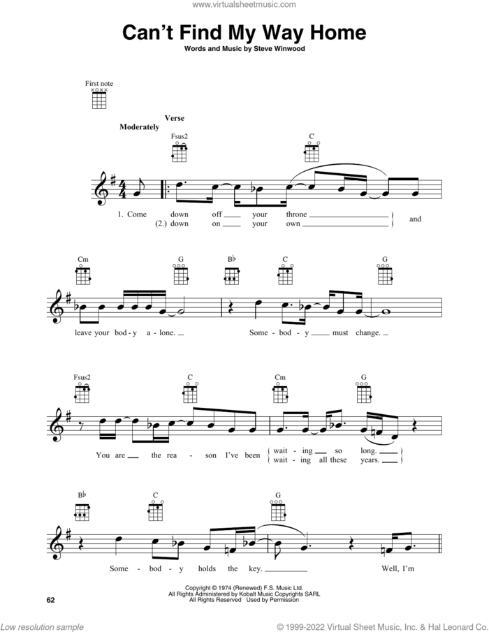 Can't Find My Way Home sheet music for baritone ukulele solo by Blind Faith, Eric Clapton and Steve Winwood, intermediate skill level