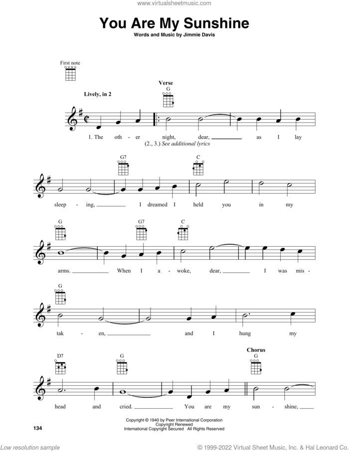 You Are My Sunshine sheet music for baritone ukulele solo by Jimmie Davis, intermediate skill level