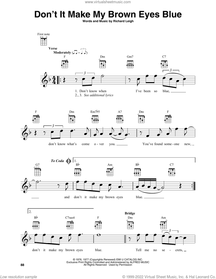 Don't It Make My Brown Eyes Blue sheet music for baritone ukulele solo by Crystal Gayle and Richard Leigh, intermediate skill level