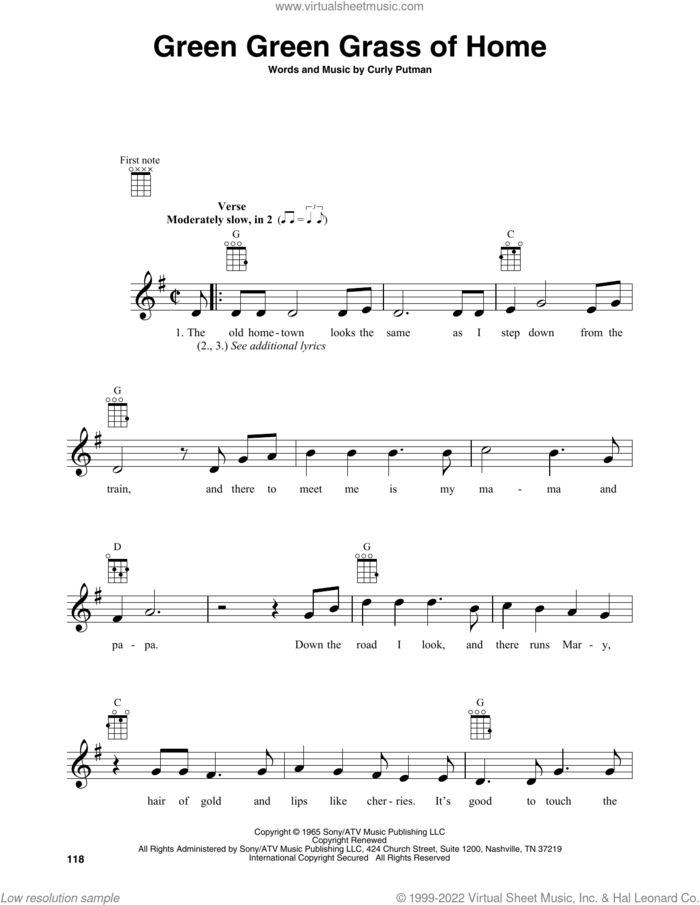 Green Green Grass Of Home sheet music for baritone ukulele solo by Tom Jones and Curly Putman, intermediate skill level