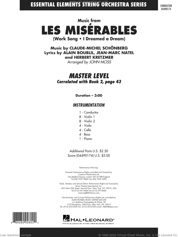Music from Les Miserables (arr. John Moss) (COMPLETE) sheet music for orchestra by Alain Boublil, Boublil & Schonberg, Claude-Michel Schonberg and John Moss, intermediate skill level