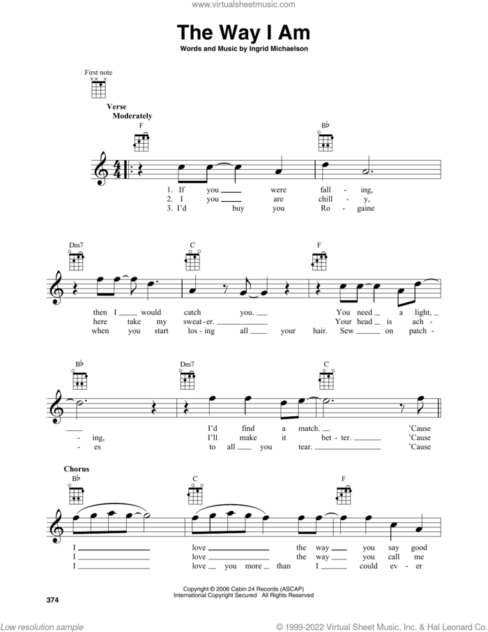 The Way I Am sheet music for baritone ukulele solo by Ingrid Michaelson, intermediate skill level