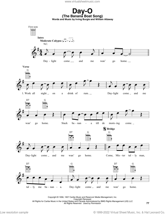 Day-O (The Banana Boat Song) sheet music for baritone ukulele solo by Harry Belafonte, Irving Burgie and William Attaway, intermediate skill level