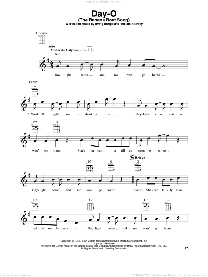 Day-O (The Banana Boat Song) sheet music for baritone ukulele solo by Harry Belafonte, Irving Burgie and William Attaway, intermediate skill level