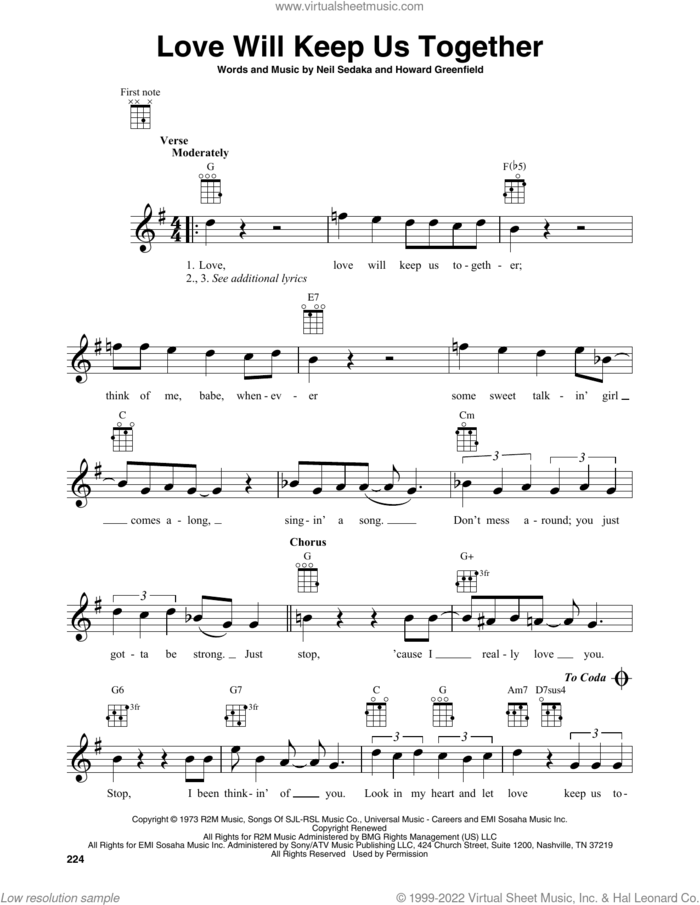 Love Will Keep Us Together sheet music for baritone ukulele solo by Captain & Tennille, Howard Greenfield and Neil Sedaka, intermediate skill level