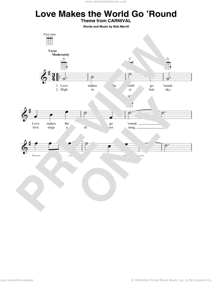 Love Makes The World Go 'round sheet music for baritone ukulele solo by Bob Merrill, intermediate skill level