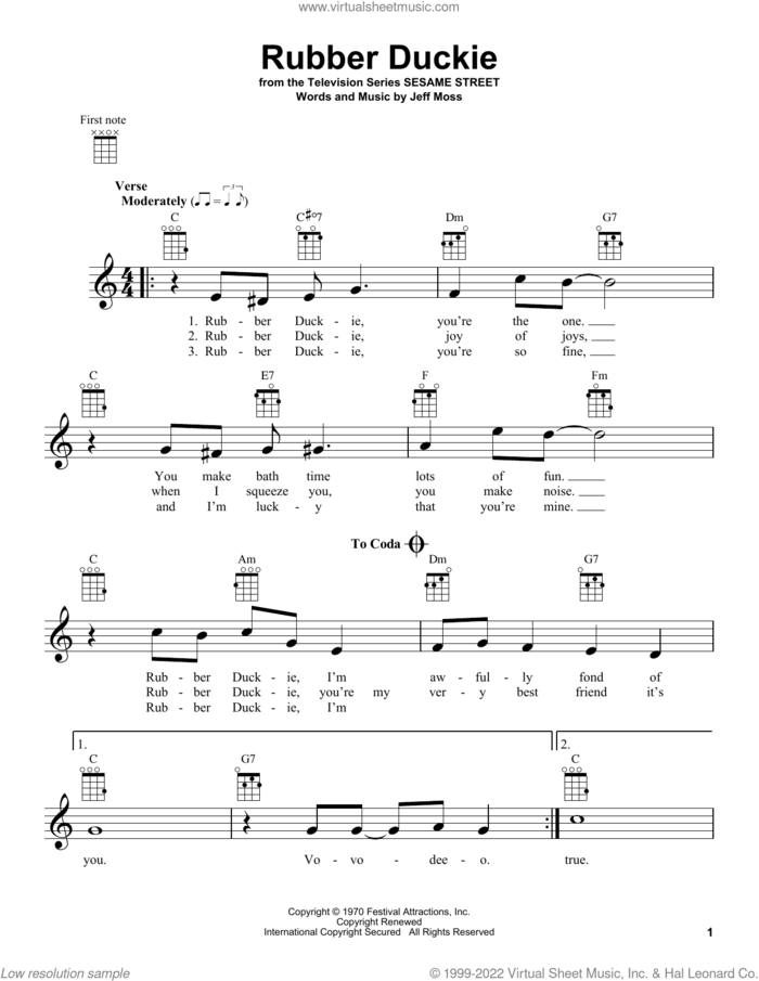 Rubber Duckie (from Sesame Street) sheet music for ukulele by Jeff Moss, intermediate skill level