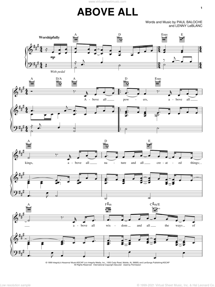 Above All sheet music for voice, piano or guitar by Paul Baloche and Lenny LeBlanc, intermediate skill level