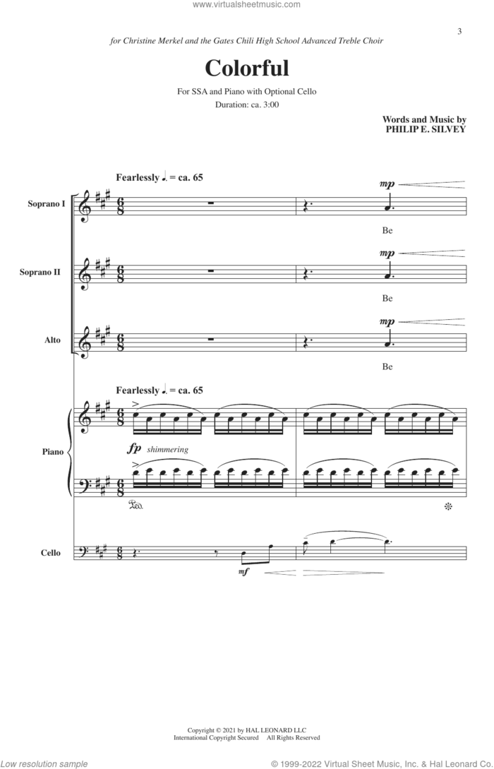 Colorful sheet music for choir (SSA: soprano, alto) by Philip E. Silvey, intermediate skill level