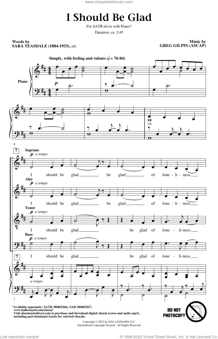 I Should Be Glad sheet music for choir (SATB: soprano, alto, tenor, bass) by Greg Gilpin and Sara Teasdale, intermediate skill level