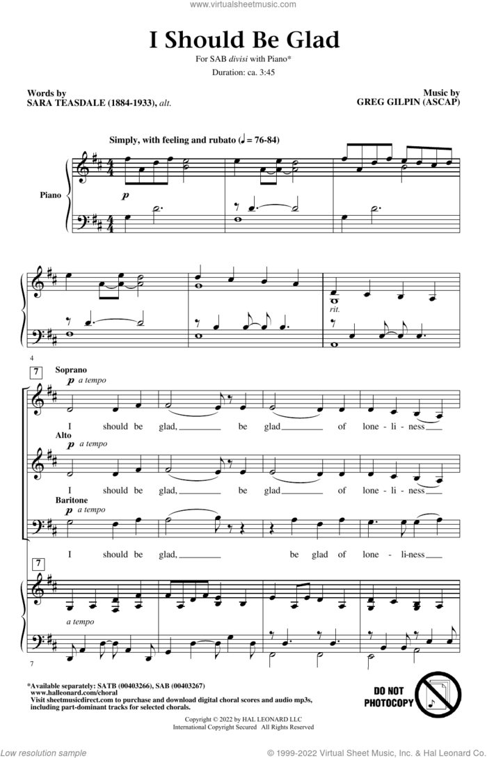 I Should Be Glad sheet music for choir (SAB: soprano, alto, bass) by Greg Gilpin and Sara Teasdale, intermediate skill level