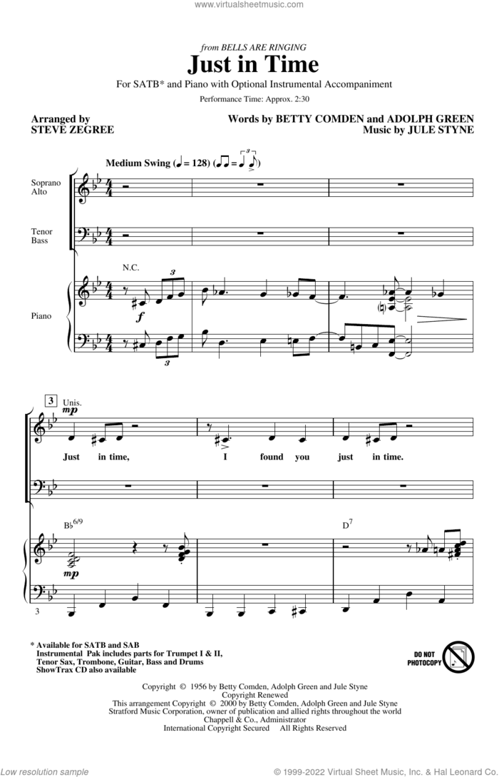 Just In Time (from Bells Are Ringing) (arr. Steve Zegree) sheet music for choir (SATB: soprano, alto, tenor, bass) by Jule Styne, Steve Zegree and Betty Comden, Adolph Green & Jule Styne, Adolph Green and Betty Comden, intermediate skill level