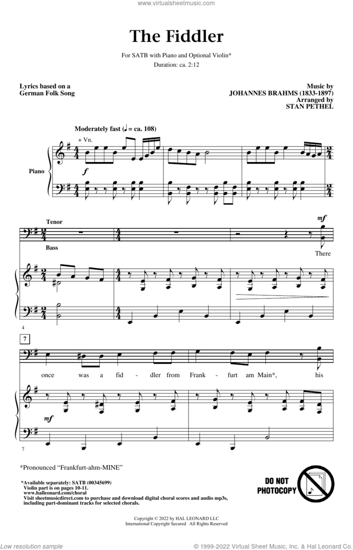 The Fiddler (arr. Stan Pethel) sheet music for choir (SATB: soprano, alto, tenor, bass) by Johannes Brahms, Stan Pethel and Miscellaneous, intermediate skill level